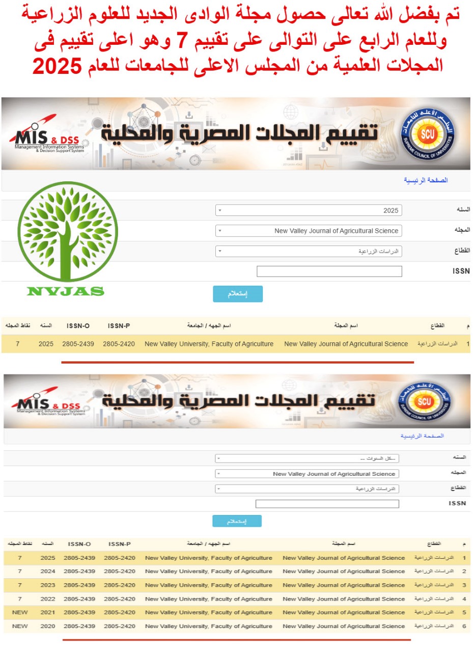 مجلة الوادي الجديد للعلوم الزراعية (NVJAS) تحصل على أعلى تقييم (7) من المجلس الأعلى للجامعات